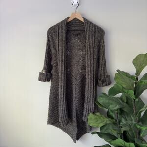 BCBGMaxAzria Long Tunic Cardigan Sweater Cuffed Sleeves Crochet Knit Ribbed EUC